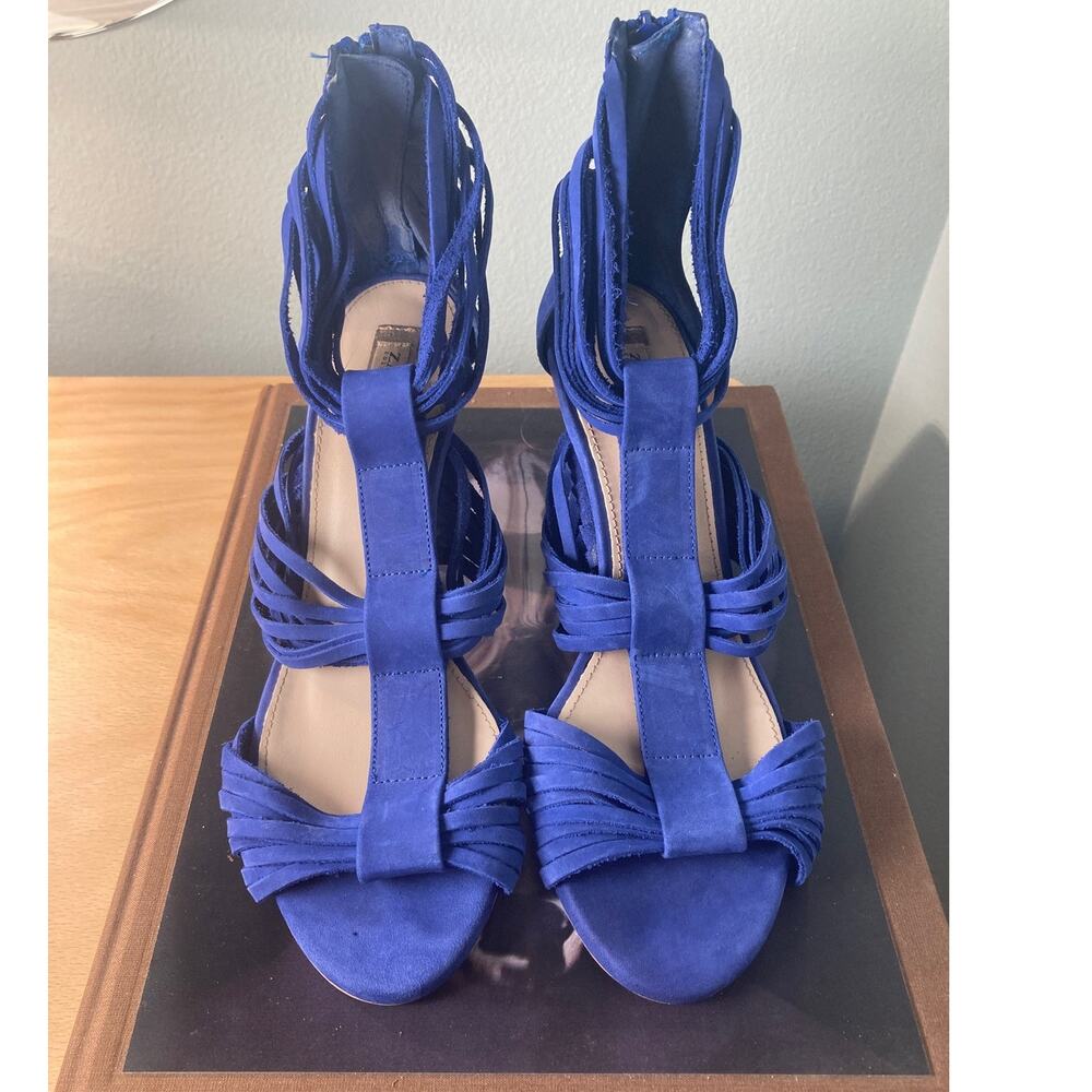 Zara Electric Blue Suede Strappy Sandals Wood Heel ~ Sz 40 10 ~ So Fetch!